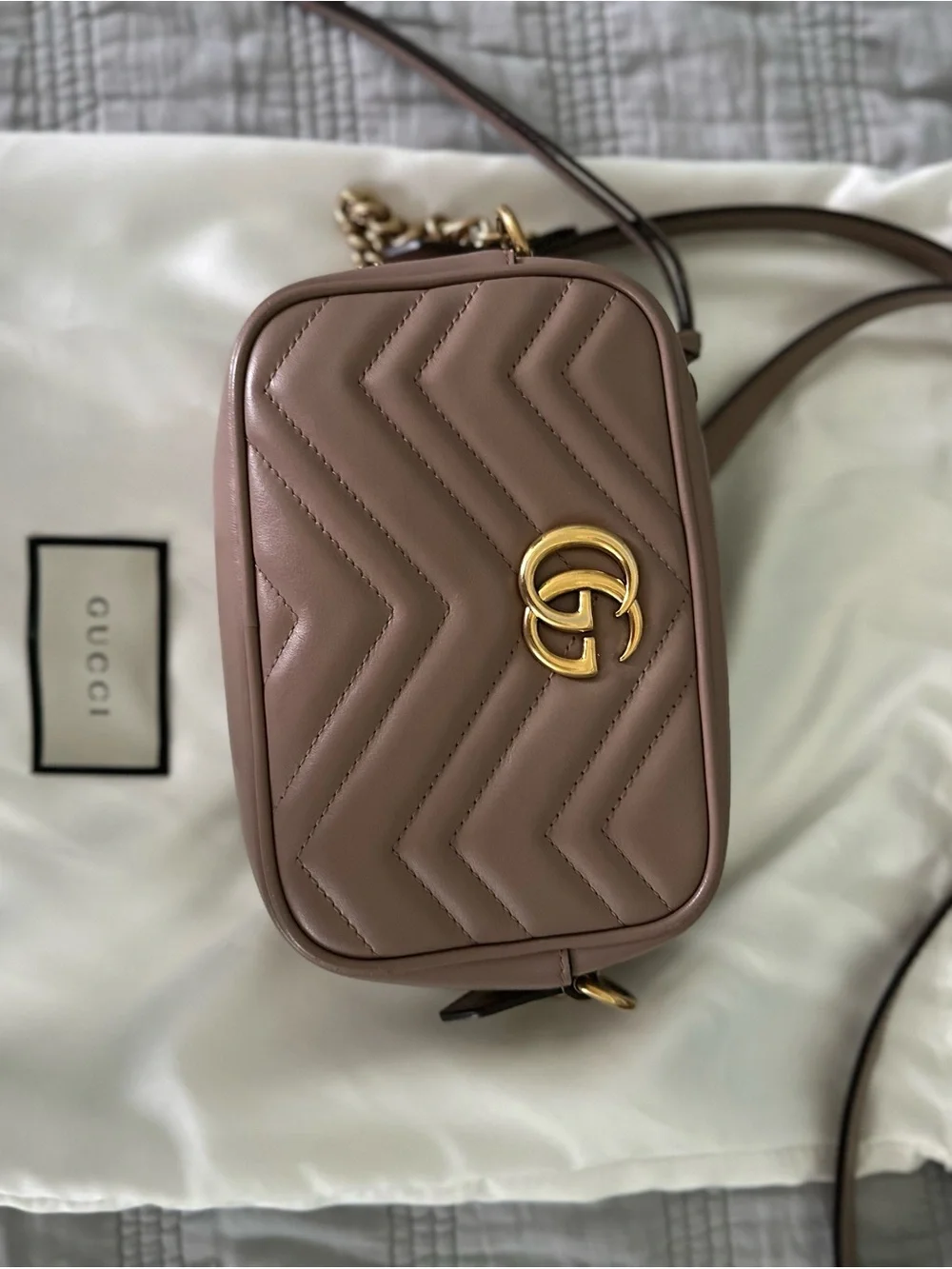 Gucci Leather Matelassé Mini Crossbody in Taupe Brown with matching wallet